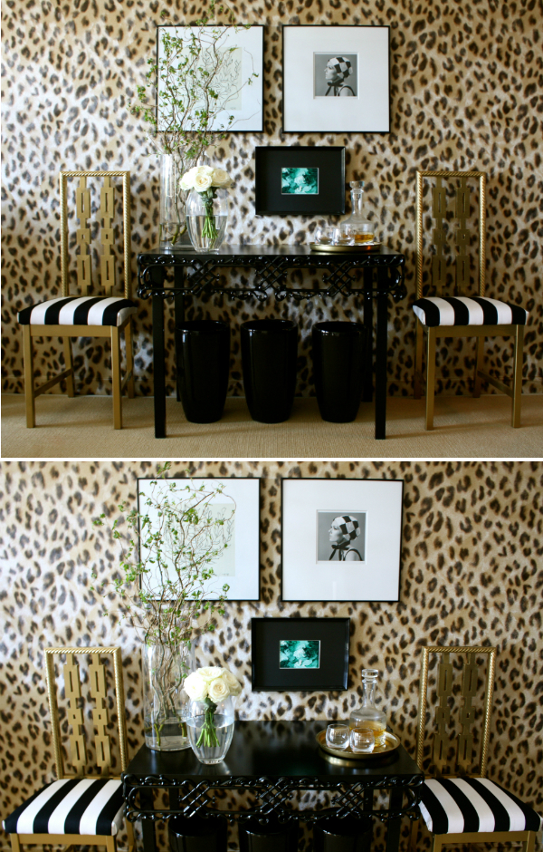 Chain link chairs, elegant console and DIY art