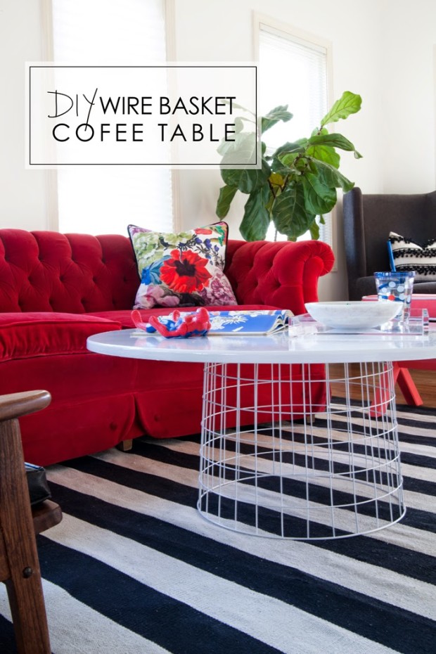 The-Makerista-Wire-Basket-Coffee-Table-DIY-Target-Playroom-Red-Velvet-Tufted-Couch-Stripe-Rug