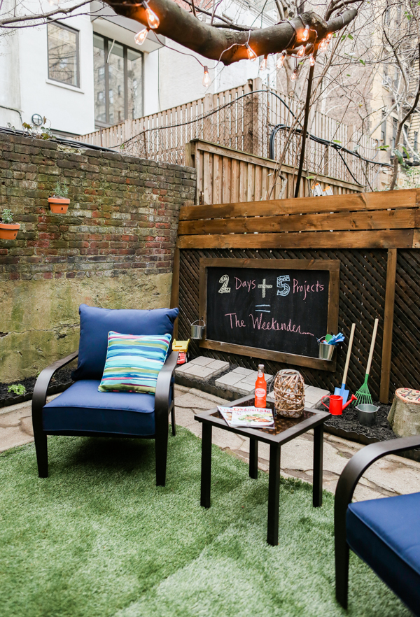 DIY Urban Patio Makeover Outdoor Seating Kids Area Side Table Privacy Fence