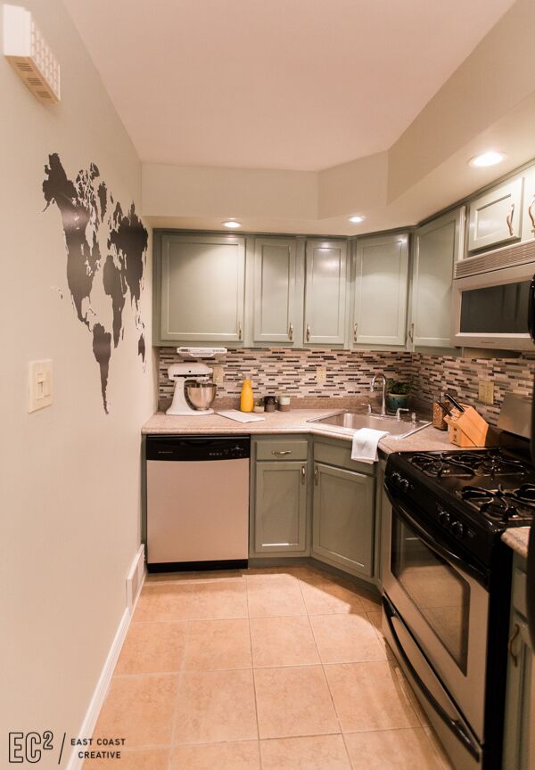 Mosaic Tile Backsplash in kitchen. DIY Kitchen Makeover as seen on Weekender Series East Coast Creative. 