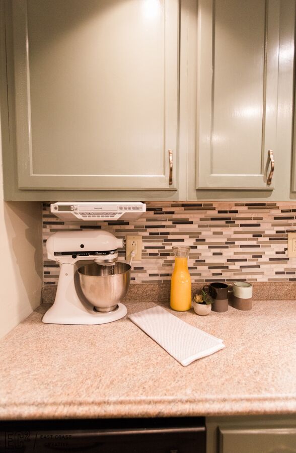 Mosaic Tile Backsplash Kitchen Cupboard Colors DIY Kitchen Makeover as seen on Weekender Series East Coast Creative. 